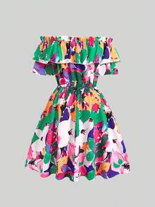SHEIN Tween Girl Matching Floral Print Off Shoulder Ruffle Short Dress Tween Girl - Multicolor - View 3