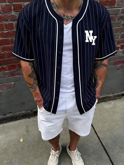 Aesthetic Post Baseball Jersey Style Men's Letter Striped Single-Breasted Casual Short Sleeve Shirt New York Jersey Going Out Top Woman  Boyfriend's Gift  Graphic Tee Woman  Shirt Man Casual  Spring Clothes  Shirts For Women  Summer Outfit