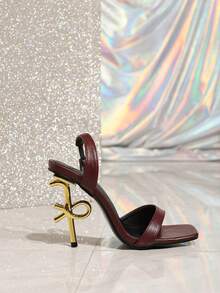 Arave 2025 Summer New High Heel Sandals, Stiletto Heel, Sexy Strap, Elegant Square Toe, Versatile, Gold Shoes - Burgundy - View 3