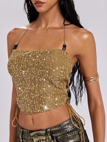 ROMWE Country Spring/Summer Avant-Garde Vacation Sexy Y2K Subculture Sequin Crochet Women Camisole - Mocha Brown - View 2