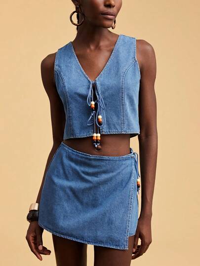 Travachic 女士纯色V领系带背心和牛仔短裤休闲套装