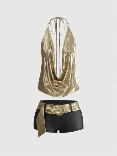 ROMWE Hippie Boho Festival Gold Coated Plunging Neck Sexy Y2K Halter Low Waist Skirt 2 Pieces Set For Women