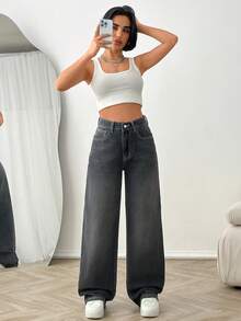SHEIN High Waist Dark Grey Loose Straight Leg Jeans - Black - View 1