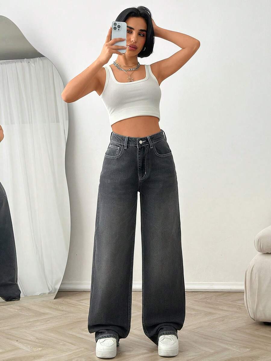 SHEIN High Waist Dark Grey Loose Straight Leg Jeans - Black - View 1