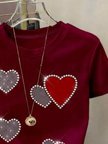 Girls' Short Fitted T-Shirt, Casual Minimalist Heart & Rhinestone Print Sleeve Round Neck Tee, Suitable For Summer, American Style, Wine Red - Pink - View 5