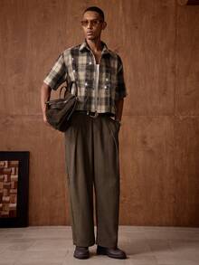 AKNOTIC 男士街头风格水晶蜘蛛网格子短袖梭织衬衫 - 咖啡棕 - 查看 7