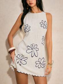 Poéselle 女士碎花图案弧形下摆无袖休闲迷你连衣裙 - 杏色 - 查看 1