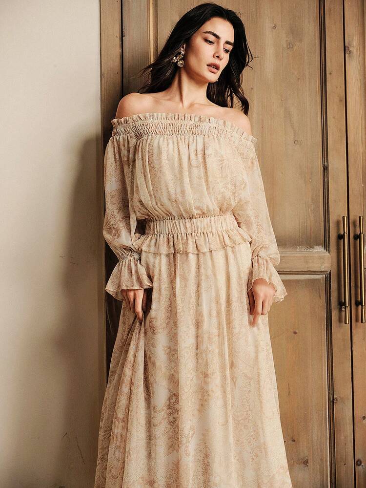 Women's Elegant Embroidered Off-Shoulder Ruffle Hem Dress