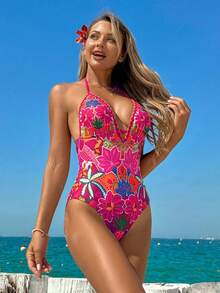Swim Vcay Set de 2 piezas 2025 Nuevo exclusivo traje de baño de una pieza con cuello en V profundo, adorno floral, espalda descubierta y pañuelo/falda envolvente estampado exclusivo, estilo de vacaciones de verano para mujer - Multicolor - Ver 5