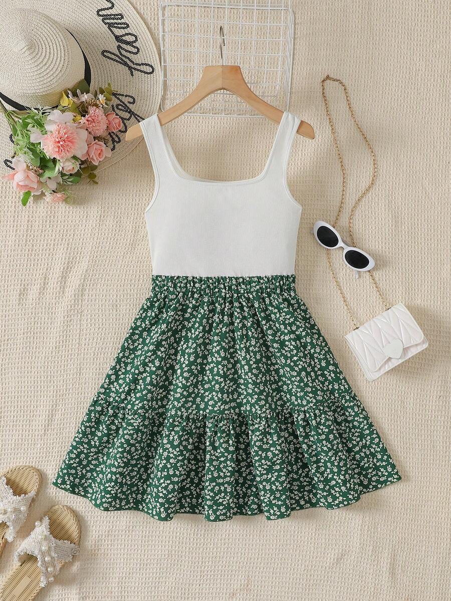 SHEIN 少女黑色碎花针织拼接A字休闲度假连衣裙 - 綠色 - 查看 1