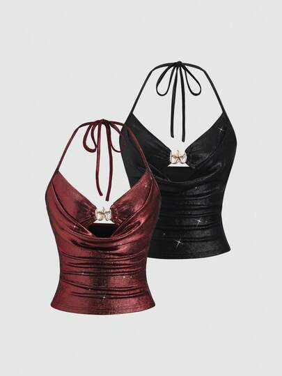 Sweetra Women's Metal Starfish Decor Pleated Halter Neck Tank Top