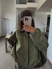 DAZY Women's Suede Collar Casual Jacket, Autumn/Winter - Army Green - View 1