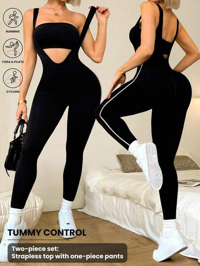 Slayform 女士弹力无缝无袖黑色运动连体裤