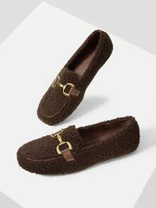 MOTF WOMEN'S CASUAL CHAIN DECOR TEDDY FLEECE FLAT SHOES, SUITABLE FOR COMMUTING, AUTUMN/WINTER VALENTINE'S DAY - Brown - View 9
