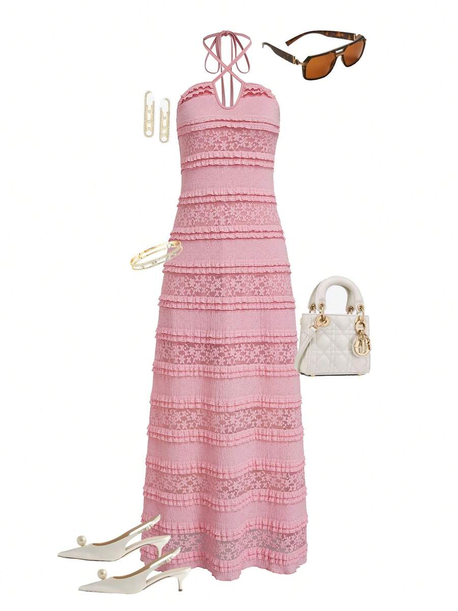 SHEIN LUNE Women's Contrast Lace Multi-Layer Ruffle Hem Elegant Halter Neck Dress - Pink - View 1