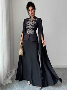 SHEIN Elenzya Middle Eastern Elegant Women's Black Placement Print 2-Piece Set, Chinese Style Outfit With Super Long Slit Flared Sleeves, Symmetrical Gold Foil Print On Front Bodice And Maxi Skirt, Casual Elegant Vacation Party Outfit, Middle Eastern Festival Wear Elegant Woman Clothing Dress With Cape Dress Elegant Two Piece Abaya Modest Formal Dress - Black - View 3
