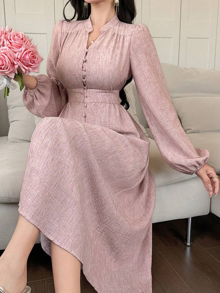 Women's Button Design Lantern Sleeve Elegant Mid-Length Dress Sundress Summer
