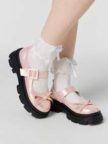 ROMWE Kawaii 女士坡跟厚底鞋 Diablo 摇滚朋克哥特风单扣玛丽珍小皮鞋 闭扣蝴蝶结甜美日式 JK 制服鞋 - 粉色亮皮 - 查看 5