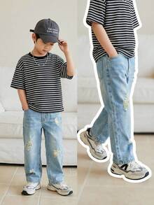 SHEIN Quần jean ống đứng rách rưới phong cách retro thường ngày cho bé trai - Màu xanh lam - Xem 1