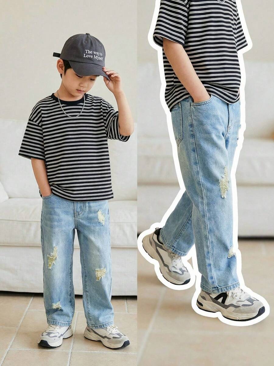 SHEIN Quần jean ống đứng rách rưới phong cách retro thường ngày cho bé trai - Màu xanh lam - Xem 1