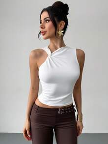 Firerie Blusa casual de unicolor con pliegues y ajuste ceñido para mujer - Blanco - Ver 7