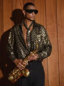 AKNOTIC Áo sơ mi nam dài tay cài cúc đơn, họa tiết sọc lượn sóng, ánh vàng kim. - Nhiều màu - Xem 3