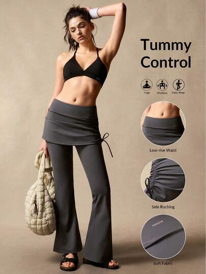 VARSIVA Grey Fashionable Low-Rise Women's Athletic Flared Culottes/Skirts With A Faux Two-Piece Design, One-Side Drawstring, Fashionable Low-Rise Women's Athletic Culottes/Skirts. Suitable For Professional Fitness Activities, Pilates, Yoga, Running, And Everyday Wear; Suitable For Spring, Summer, Autumn, And Winter.
