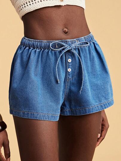 Travachic Quần short denim nữ kiểu dáng thường ngày, có dây rút ở eo, thích hợp cho mùa hè.