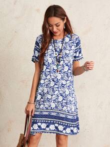 EMERY ROSE Keyhole Back Floral Print Dress - Blue and White - View 5