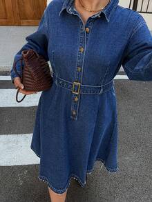 Dazy Plus Vestido midi de mezclilla lavada vintage oscura, vestido de mezclilla de manga larga con cuello y media cartera casual, primavera/otoño - Azul lavado oscuro - Ver 8