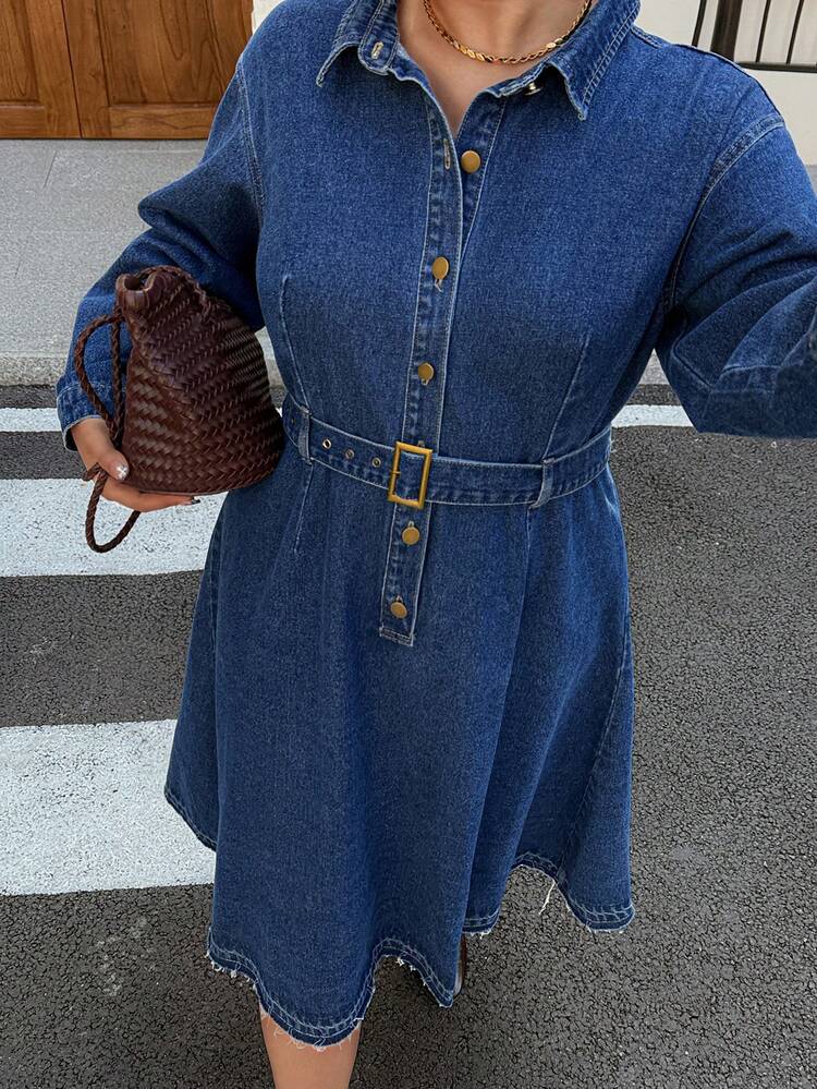 Dazy Plus Vintage Washed Dark Denim Midi Dress, Casual Collared Half-Placket Long Sleeve Denim Dress, Spring/Autumn