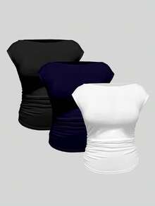 EMERY ROSE Plus Size Casual Solid Color Ruched Waist T-Shirt, Summer - Multicolor - View 1