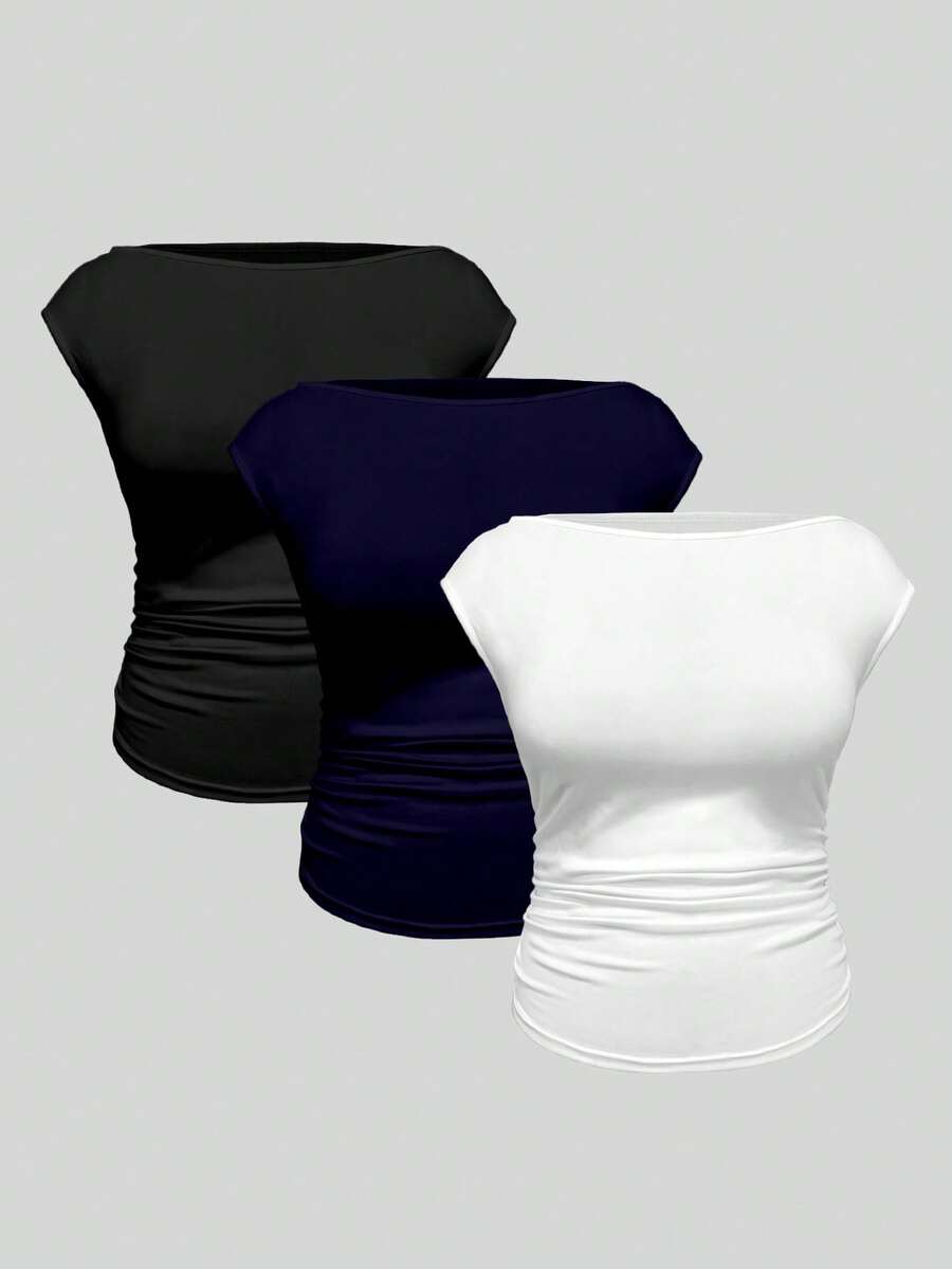 EMERY ROSE Plus Size Casual Solid Color Ruched Waist T-Shirt, Summer - Multicolor - View 1