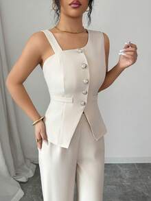 SHEIN Elenzya Bộ đồ nữ mùa hè thanh lịch, thoáng khí, cài cúc phía trước, gồm áo và quần. - Màu be - Xem 6
