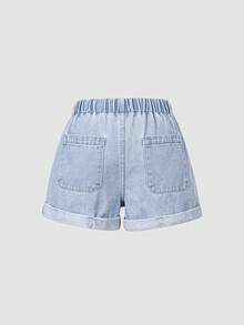 Shorts vaqueros de mezclilla azul claro lavada de estilo casual para niñas preadolescentes, diseño versátil y de moda - Azul - Ver 3