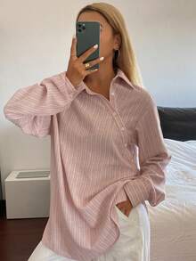 DAZY Áo sơ mi nữ dáng rộng kẻ sọc cổ ve lật - Hồng - Xem 2