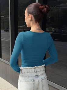Abrilcols 女士休闲纯色修身长袖T恤 - 綠色 - 查看 2