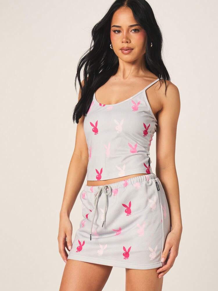 Missguided x Playboy Conjunto de Top Camisole e Saia Curta Estampado de Coelho com Cintura com Cordão, Coordenado Casual Feminino, Roupa de Descanso de Verão