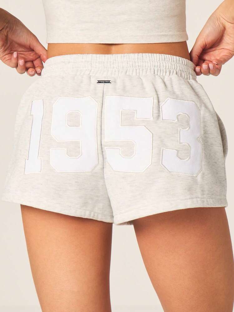 Missguided x Playboy Women's Vintage Style Applique Number Jogger Shorts With Drawstring Waist Casual Summer Athletic Shorts Light Grey , Fourth Of July