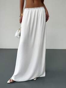 女士春夏岛屿度假风白色蕾丝腰部飘逸半身裙，柔和的热带棕榈树海滩度假风 - 白色 - 查看 3