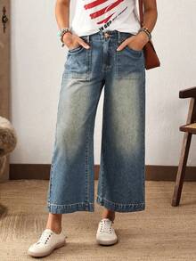 EMERY ROSE Plus Size Loose Straight Leg Jeans With Pockets, Fashion & Versatile - Blue - View 1