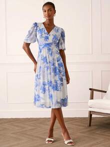 Lilora 女士优雅蓝白碎花中长连衣裙，高端时尚，百搭优雅，适合度假、通勤、日常休闲外出、派对、约会、聚会、休闲活动、野餐、假期、夏季和假日旅行。蓝色中长连衣裙，夏季优雅连衣裙，法式连衣裙，蓝色碎花连衣裙，带袖吊带连衣裙，中长连衣裙，婚礼宾客女士中长连衣裙，蓝色春季连衣裙，蓝色碎花中长连衣裙，优雅夏季连衣裙，女士碎花连衣裙，春夏连衣裙 - 藍色 - 查看 5