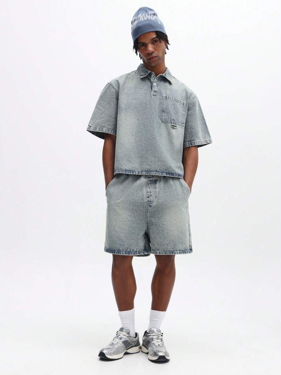 SUMWON Bộ đồ hai mảnh gồm áo polo và quần short denim, màu xanh nhạt, mài đá, phong cách vintage, thích hợp cho nam giới mùa hè. - Màu xanh lam - Xem 1