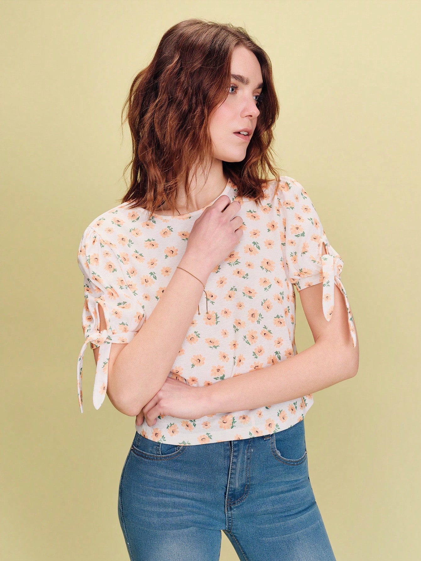 Floral Print Short Sleeve T Shirt With Tie Sleeve Detail Spring Summer Ditsy Top Vacation Top Picnic Outfit Holiday Outfit Womens Tops For Summer New In Women Clothing