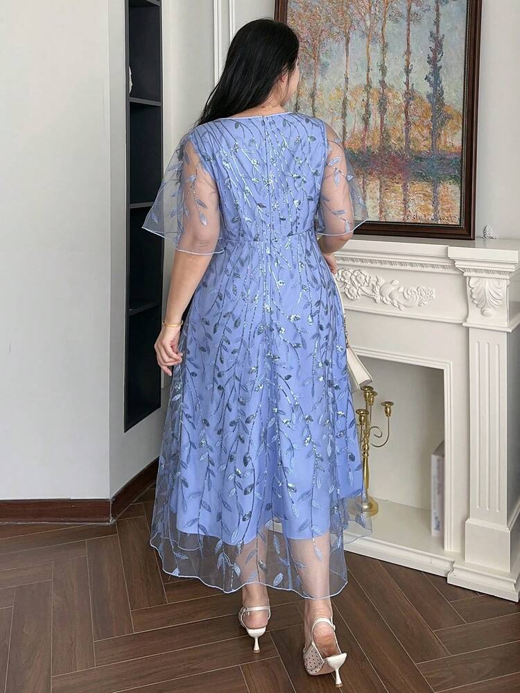 Dazy Plus Plus Size Women's Sequin Floral Ruffle Sleeve Elegant Dress Maxi Dress Sundress Summer