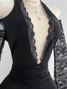 Elamini Women's Contrast Lace Deep V Neck Ruched Sexy Halter Mini Dress - Black - View 5