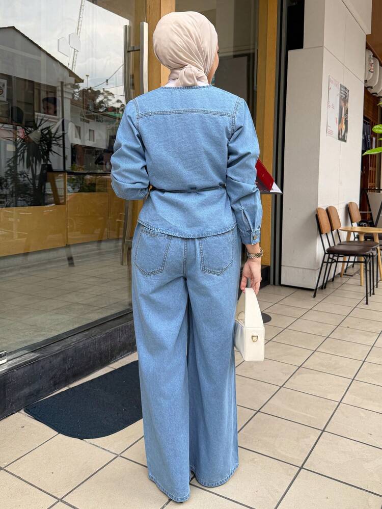 Women's Casual Belted Shirt With Pockets And Wide Leg Jeans Set, Spring,Wedding Guest Dress Women