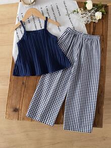 女童夏季两件套：藏蓝色褶皱吊带背心，饰有白色蝴蝶结，搭配蓝白格子阔腿裤，清新甜美，宽松舒适，时尚休闲的儿童夏季服装。 - 寶藍色 - 查看 3