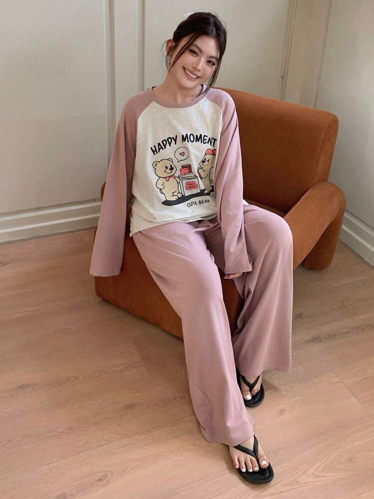 Dazy Plus Plus Size Women Cute Cartoon Print Loose Contrast Color Patchwork Long Sleeve Top And Pants Pajama Set, Spring/Autumn