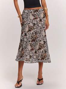 SHEIN BAE 春夏节日派对狂欢豹纹低腰中长裙，时尚街头风，性感迷你裙，夜店迷你裙，外出迷你裙，音乐节，狂欢派对，豹纹迷你裙，Y2K迷你裙，复古迷你裙 - 杏色 - 查看 4